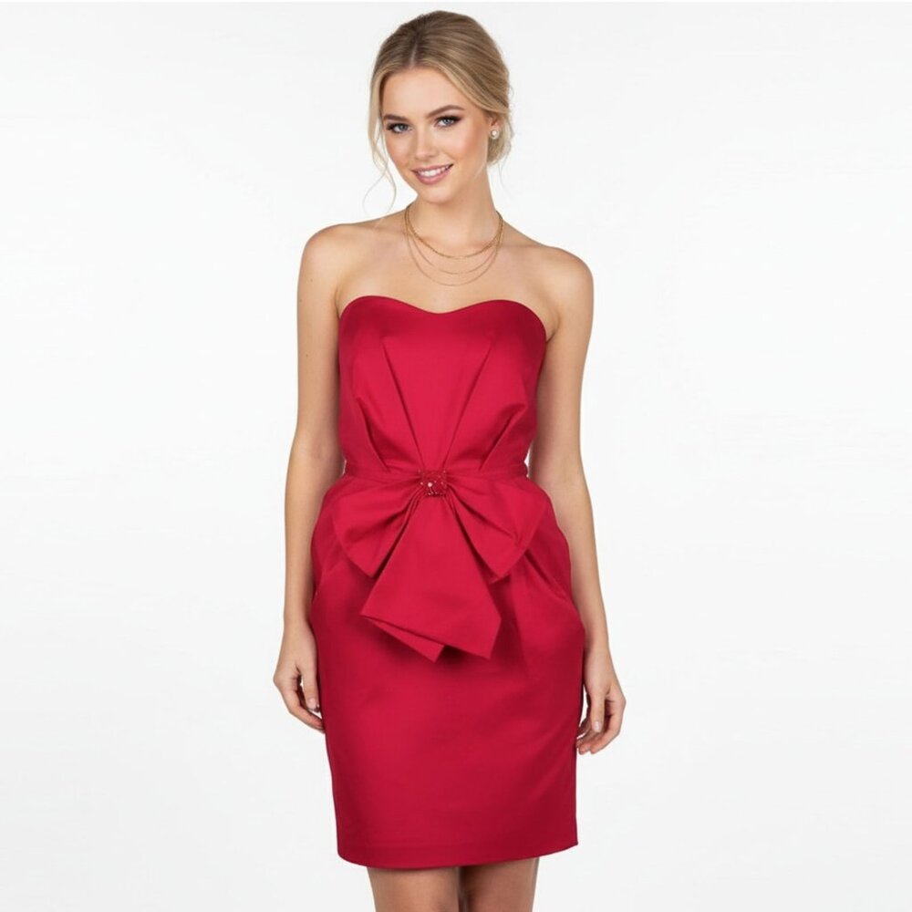 Badgley Mischka Red Strapless Dress By Mark & James Waist Bow Sequins Cotton New